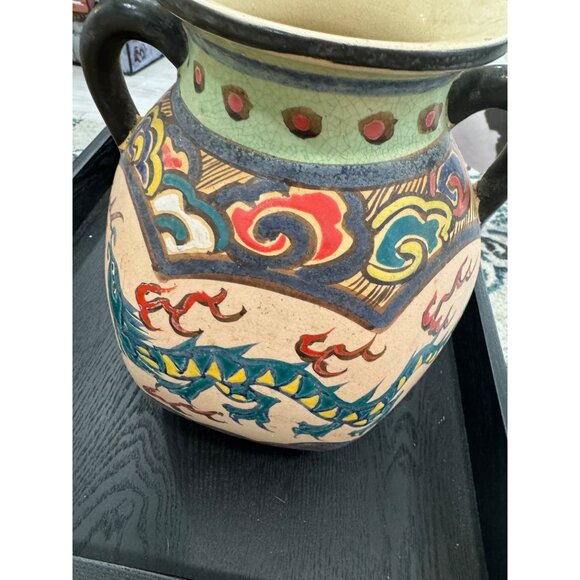 Vintage Hand-Painted Dragon & Phoenix Ceramic Vase two Handles Chinese Folk Art - Picture 3 of 6